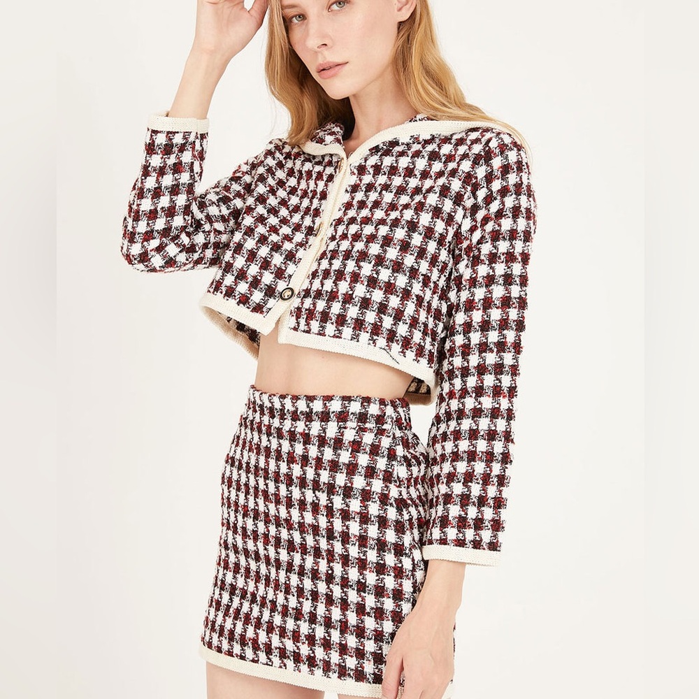 Storets Reese red white cream houndstooth blazer and mini skirt set S/M